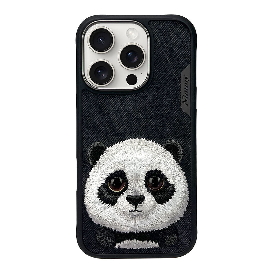 Nimmy 3D Embroidered Panda Leather Case for iPhone 15 Pro max - Black